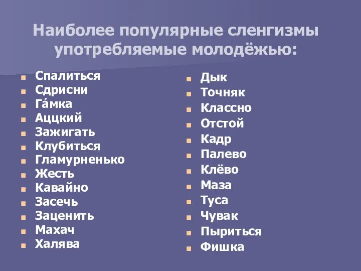 Наиболее популярные сленгизмы употребляемые молодёжью: Спалиться Сдрисни Га́мка Аццкий Зажигать Клубиться