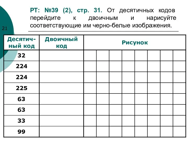 РТ: №39 (2), стр. 31. От десятичных кодов перейдите к двоичным