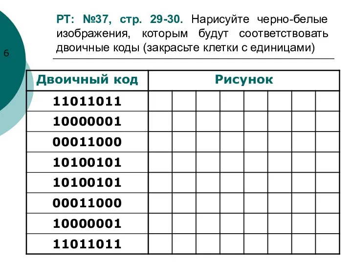 РТ: №37, стр. 29-30. Нарисуйте черно-белые изображения, которым будут соответствовать двоичные коды (закрасьте клетки с единицами)