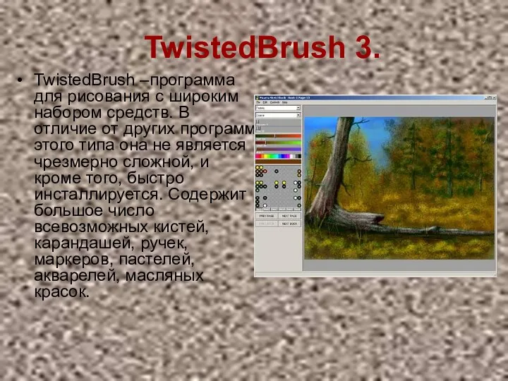 TwistedBrush 3. TwistedBrush –программа для рисования с широким набором средств. В