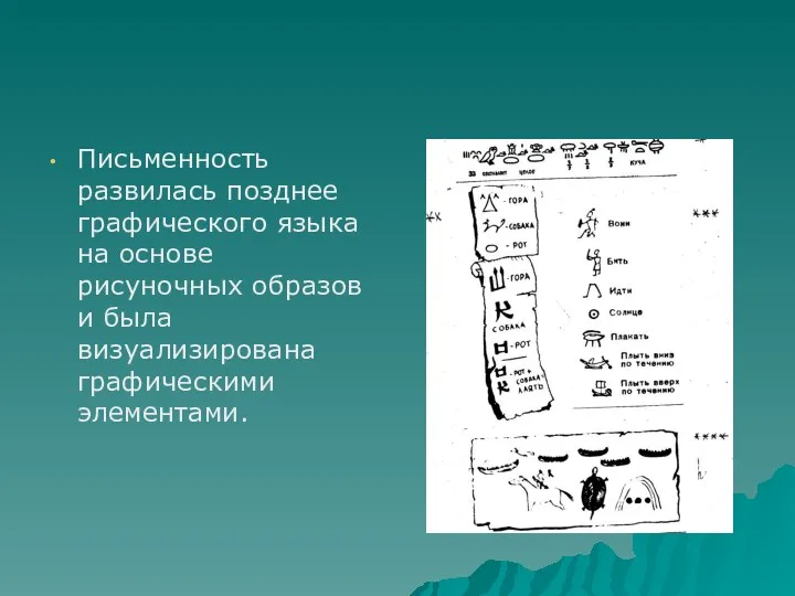 Письменность развилась позднее графического языка на основе рисуночных образов и была визуализирована графическими элементами.