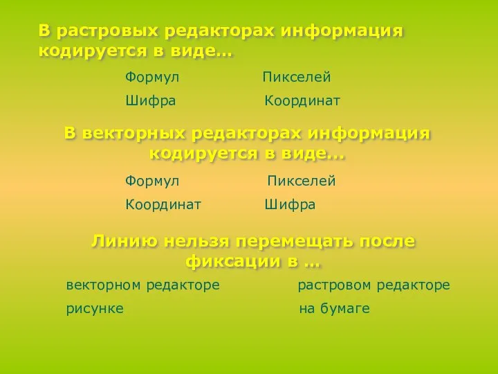 В растровых редакторах информация кодируется в виде… Формул Пикселей Шифра Координат