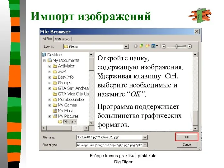 E-õppe kursus praktikult praktikule DigiTiiger Найдите на компьютере и импортируйте необходимые