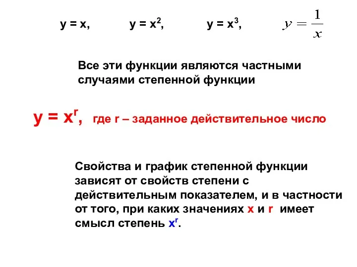 Все эти функции являются частными случаями степенной функции у = хr,