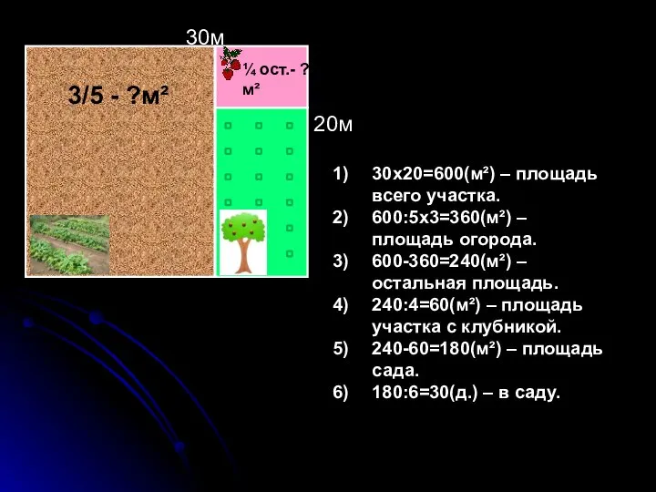 30х20=600(м²) – площадь всего участка. 600:5х3=360(м²) – площадь огорода. 600-360=240(м²) –