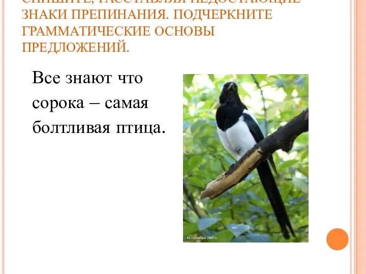 СПИШИТЕ, РАССТАВЛЯЯ НЕДОСТАЮЩИЕ ЗНАКИ ПРЕПИНАНИЯ. ПОДЧЕРКНИТЕ ГРАММАТИЧЕСКИЕ ОСНОВЫ ПРЕДЛОЖЕНИЙ. Все знают