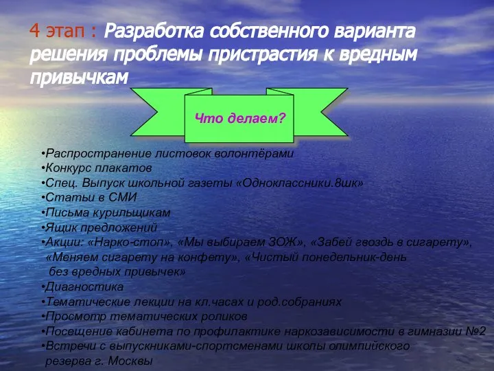 4 этап : Разработка собственного варианта решения проблемы пристрастия к вредным