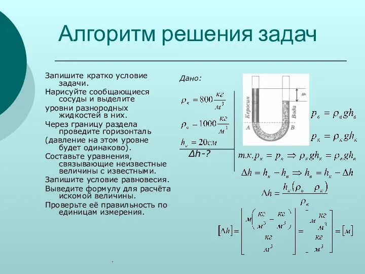 Алгоритм решения задач Запишите кратко условие задачи. Нарисуйте сообщающиеся сосуды и