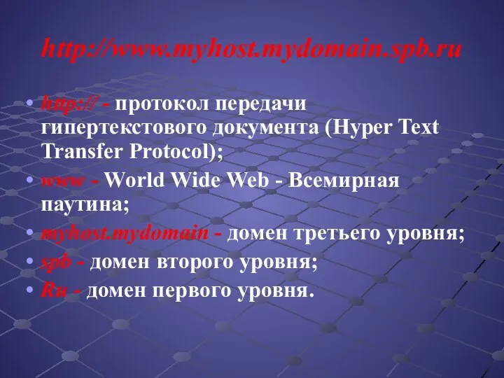 http://www.myhost.mydomain.spb.ru http:// - протокол передачи гипертекстового документа (Hyper Text Transfer Protocol);