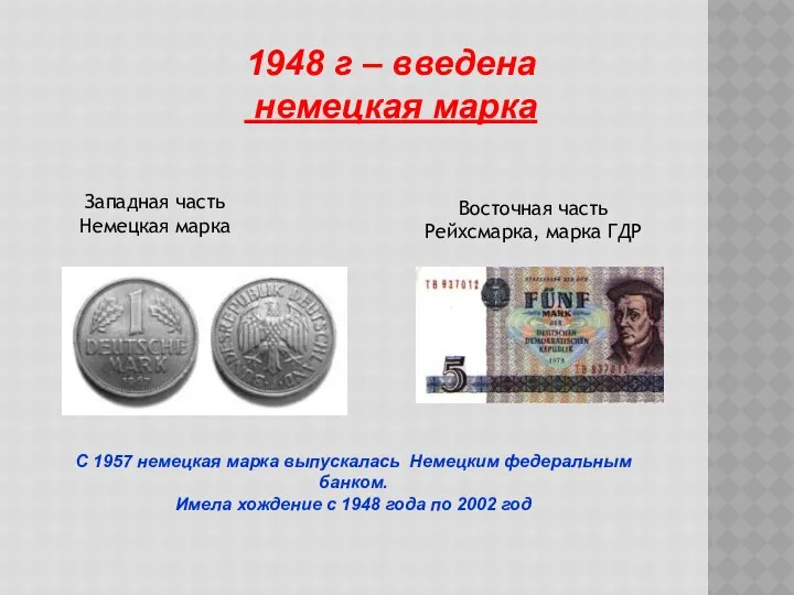 1948 г – введена немецкая марка Западная часть Немецкая марка Восточная