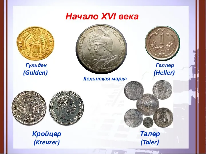 Начало XVI века Кельнская марка Гульден (Gulden) Талер (Taler) Кройцер (Kreuzer) Геллер (Heller)