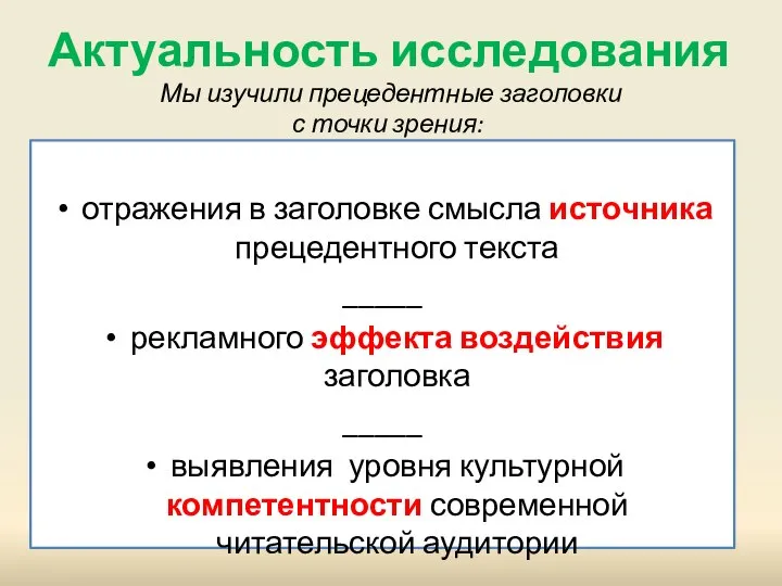 Актуальность исследования отражения в заголовке смысла источника прецедентного текста _____ рекламного