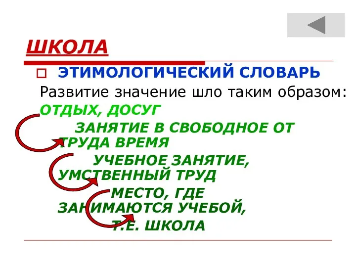 ШКОЛА ЭТИМОЛОГИЧЕСКИЙ СЛОВАРЬ Развитие значение шло таким образом: ОТДЫХ, ДОСУГ ЗАНЯТИЕ