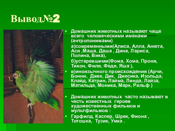 Вывод№2 Домашних животных называют чаще всего человеческими именами (антропонимами) а)современными(Алиса, Алла,