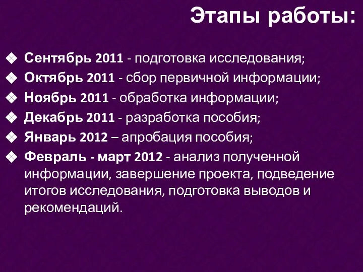 Сентябрь 2011 - подготовка исследования; Октябрь 2011 - сбор первичной информации;