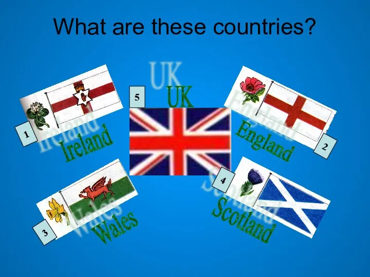 What are these countries? Ireland Scotland England Wales UK 1 2 3 4 5