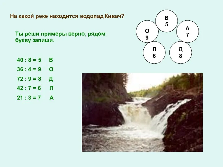 На какой реке находится водопад Кивач? В 5 О 9 Л