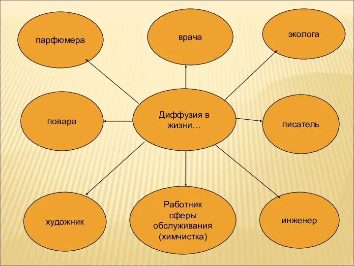 Диффузия в жизни… эколога писатель инженер Работник сферы обслуживания (химчистка) художник повара парфюмера врача