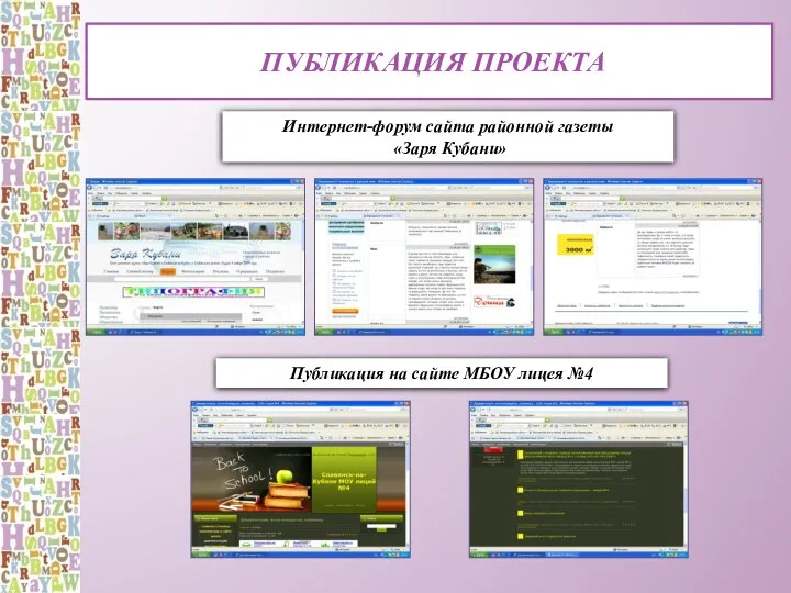 Публикация проекта Интернет-форум сайта районной газеты «Заря Кубани» Публикация на сайте МБОУ лицея №4