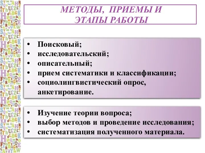 Методы, приемы и ЭТАПЫ РАБОТЫ Поисковый; исследовательский; описательный; прием систематики и