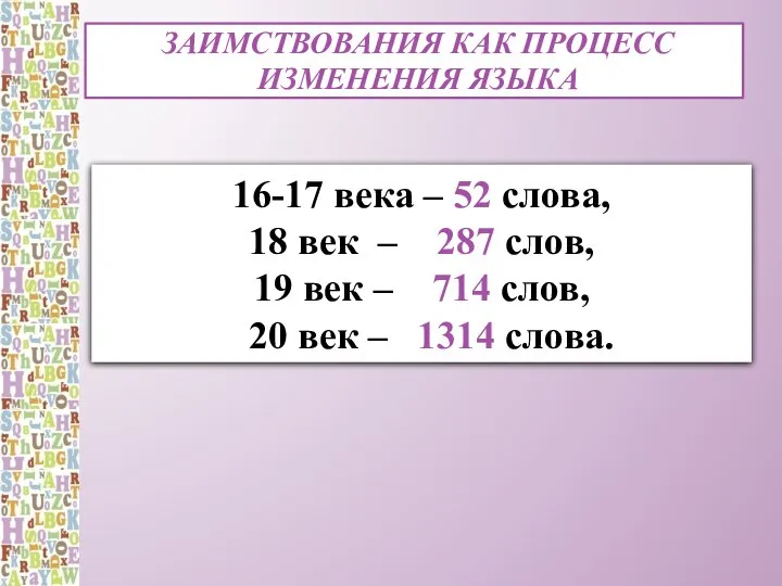 Заимствования как процесс изменения языка 16-17 века – 52 слова, 18