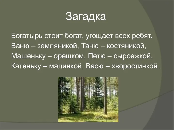 Загадка Богатырь стоит богат, угощает всех ребят. Ваню – земляникой, Таню