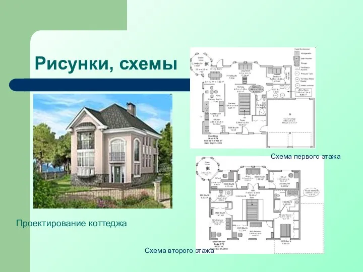 Рисунки, схемы Схема первого этажа Схема второго этажа Проектирование коттеджа