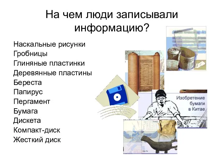 На чем люди записывали информацию? Наскальные рисунки Гробницы Глиняные пластинки Деревянные