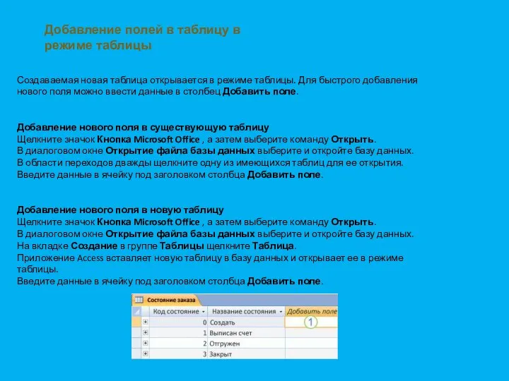 Создаваемая новая таблица открывается в режиме таблицы. Для быстрого добавления нового