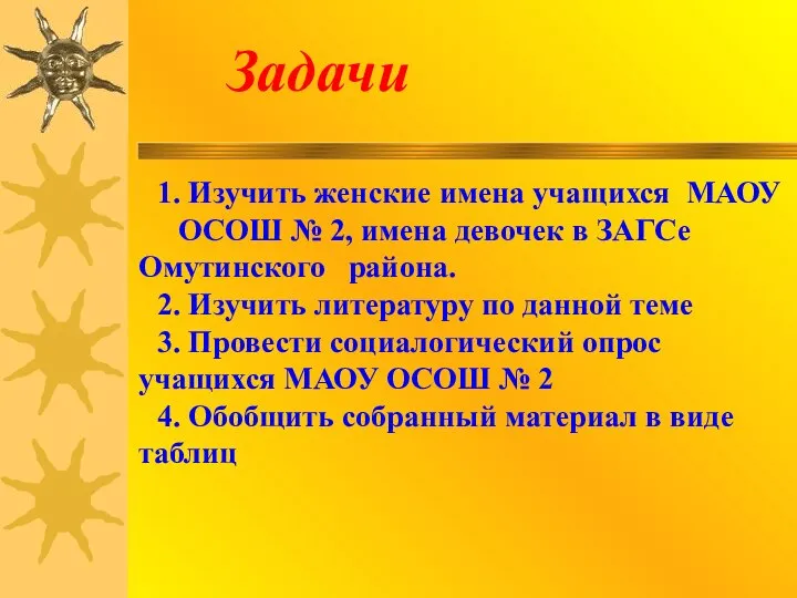 Задачи 1. Изучить женские имена учащихся МАОУ ОСОШ № 2, имена