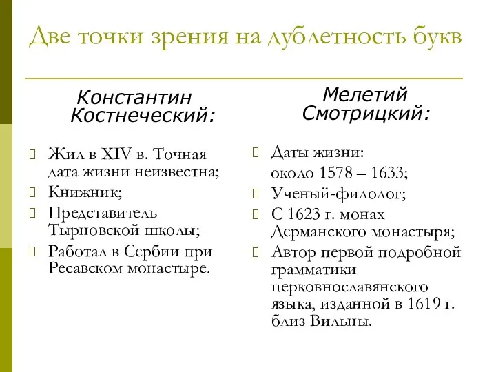 Две точки зрения на дублетность букв Константин Костнеческий: Жил в XIV