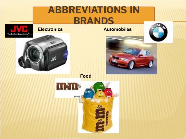 ABBREVIATIONS IN BRANDS Electronics Automobiles Food