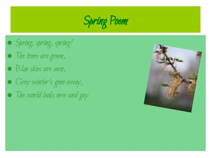 Spring Poem Spring, spring, spring! The trees are green, Blue skies