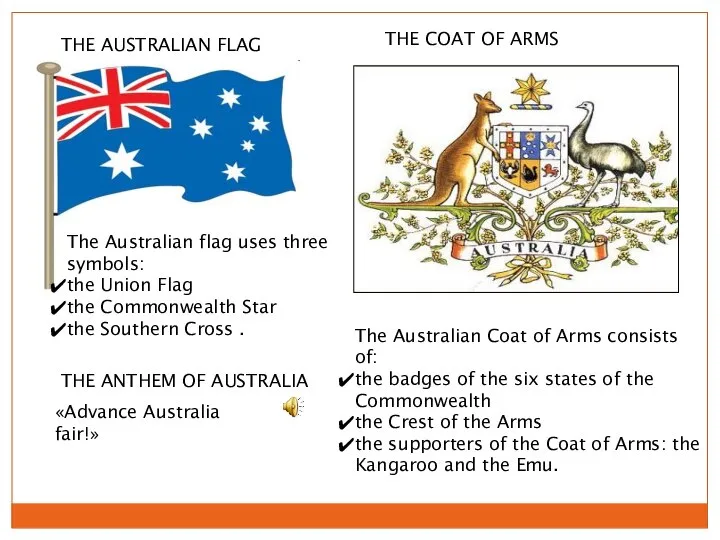 THE AUSTRALIAN FLAG THE COAT OF ARMS «Advance Australia fair!» THE