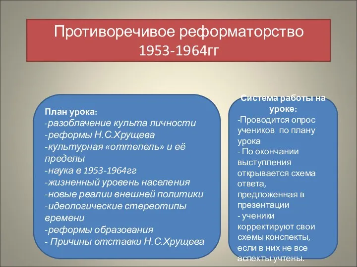 Противоречивое реформаторство 1953-1964гг План урока: -разоблачение культа личности -реформы Н.С.Хрущева -культурная