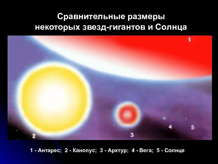 Сравнительные размеры некоторых звезд-гигантов и Солнца 1 - Антарес; 2 -