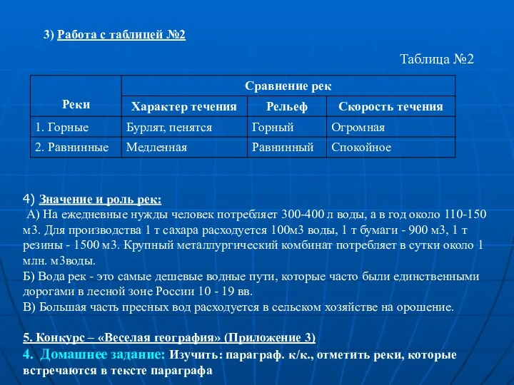 3) Работа с таблицей №2 Таблица №2 4) Значение и роль