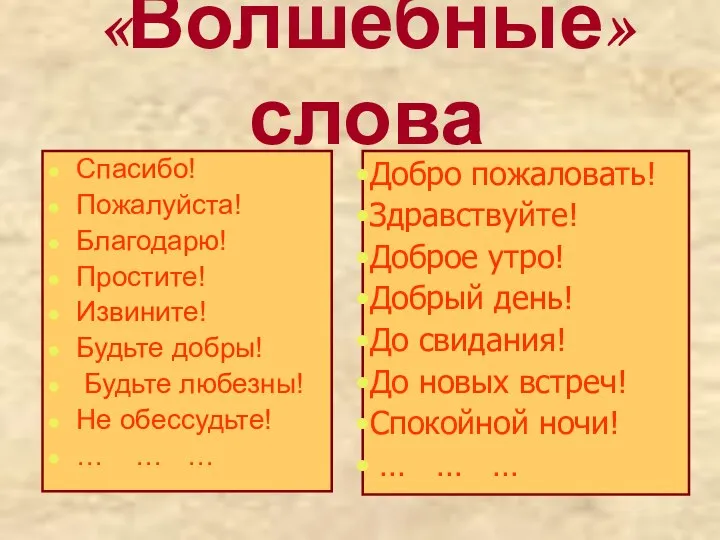 «Волшебные» слова Спасибо! Пожалуйста! Благодарю! Простите! Извините! Будьте добры! Будьте любезны!