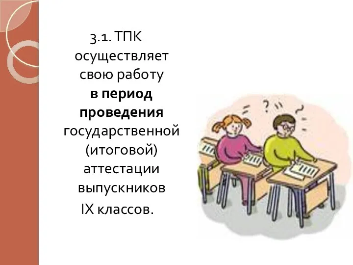 3.1. ТПК осуществляет свою работу в период проведения государственной (итоговой) аттестации выпускников IX классов.