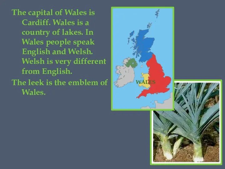 The capital of Wales is Cardiff. Wales is a country of