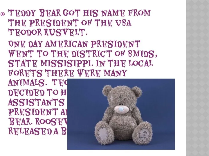 Teddy bear got his name from the president of the USA