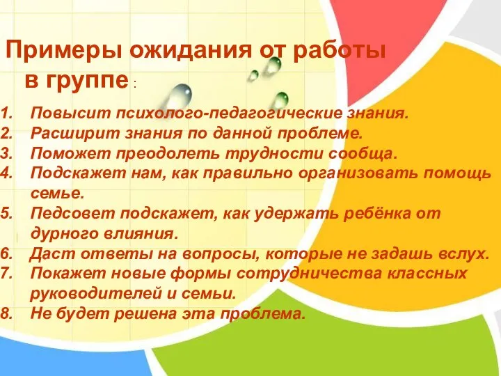 Примеры ожидания от работы в группе : Повысит психолого-педагогические знания. Расширит