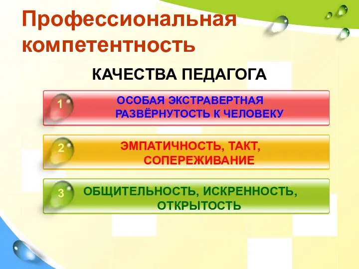 Профессиональная компетентность КАЧЕСТВА ПЕДАГОГА ОСОБАЯ ЭКСТРАВЕРТНАЯ РАЗВЁРНУТОСТЬ К ЧЕЛОВЕКУ ЭМПАТИЧНОСТЬ, ТАКТ,