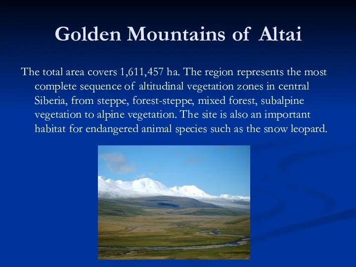 Golden Mountains of Altai The total area covers 1,611,457 ha. The