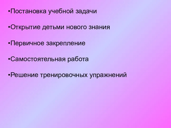 Постановка учебной задачи Открытие детьми нового знания Первичное закрепление Самостоятельная работа Решение тренировочных упражнений