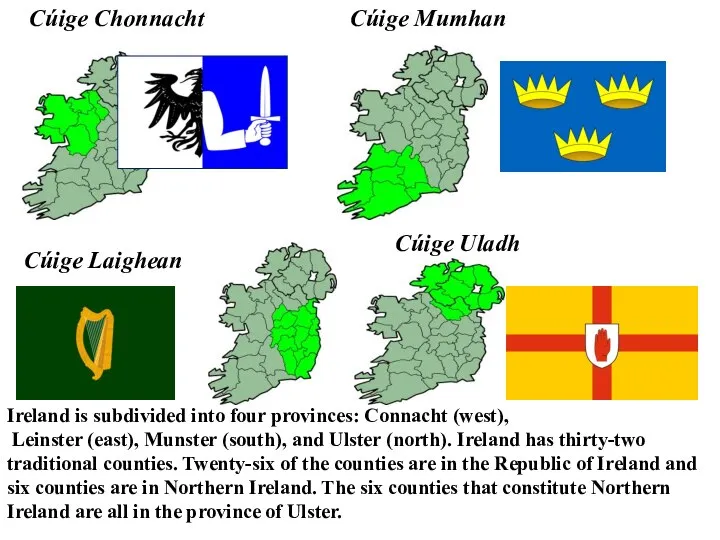Cúige Chonnacht Cúige Laighean Cúige Mumhan Cúige Uladh Ireland is subdivided