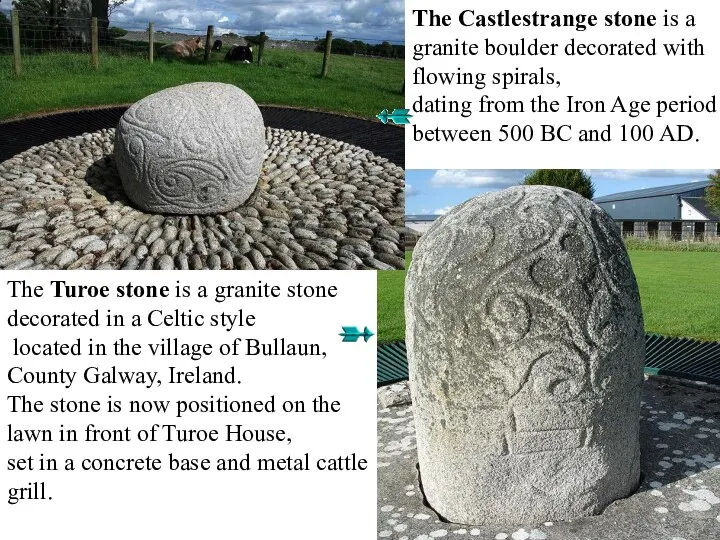 The Castlestrange stone is a granite boulder decorated with flowing spirals,
