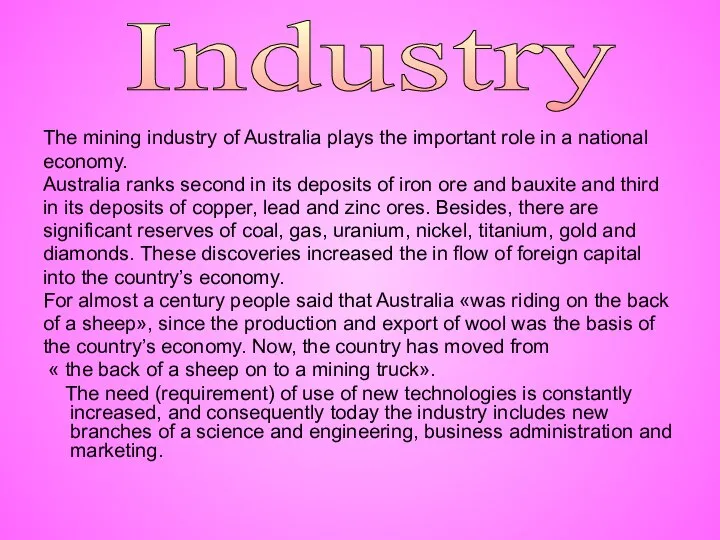 The mining industry of Australia plays the important role in a