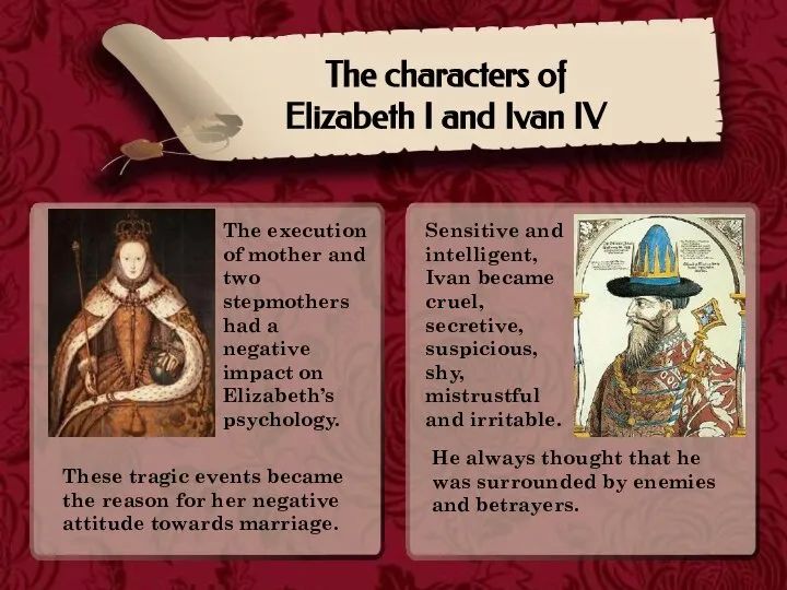 The characters of Elizabeth I and Ivan IV Sensitive and intelligent,