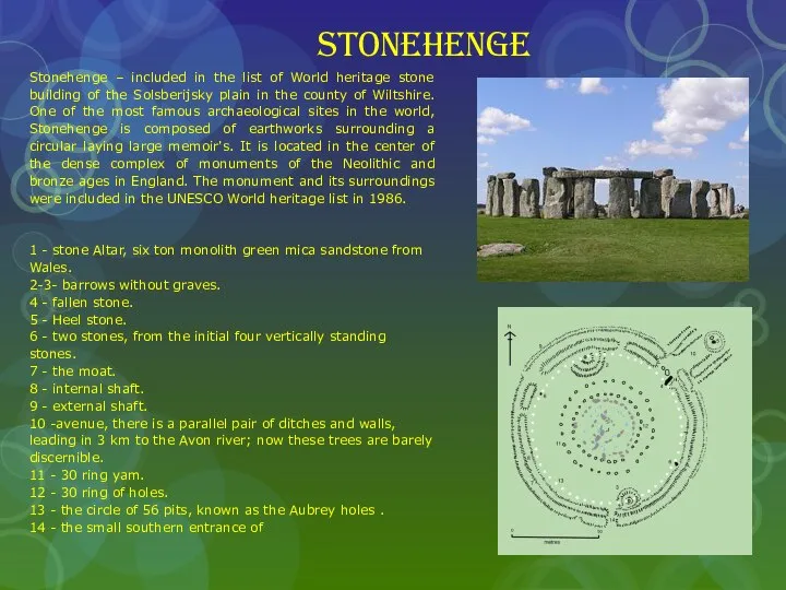 Stonehenge Stonehenge – included in the list of World heritage stone